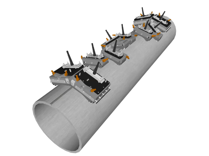 Posizionamento delle sonde del sistema di ispezione LSAW su una tubazione