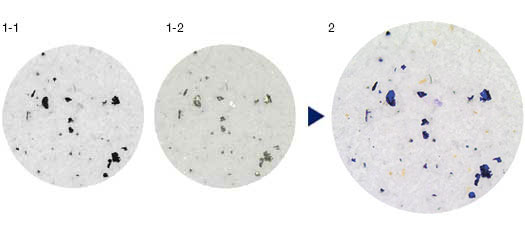 1: 기존 방법, 2: 단일 스캔 방법 (1-1: 비반사 입자의 첫 번째 이미지, 1-2: 반사 입자의 두 번째 이미지, 2: 단일 스캔 솔루션: 결합) 혁신적인 편광법은 단일 스캔에서 반사(금속) 및 비반사 입자를 모두 검출합니다.