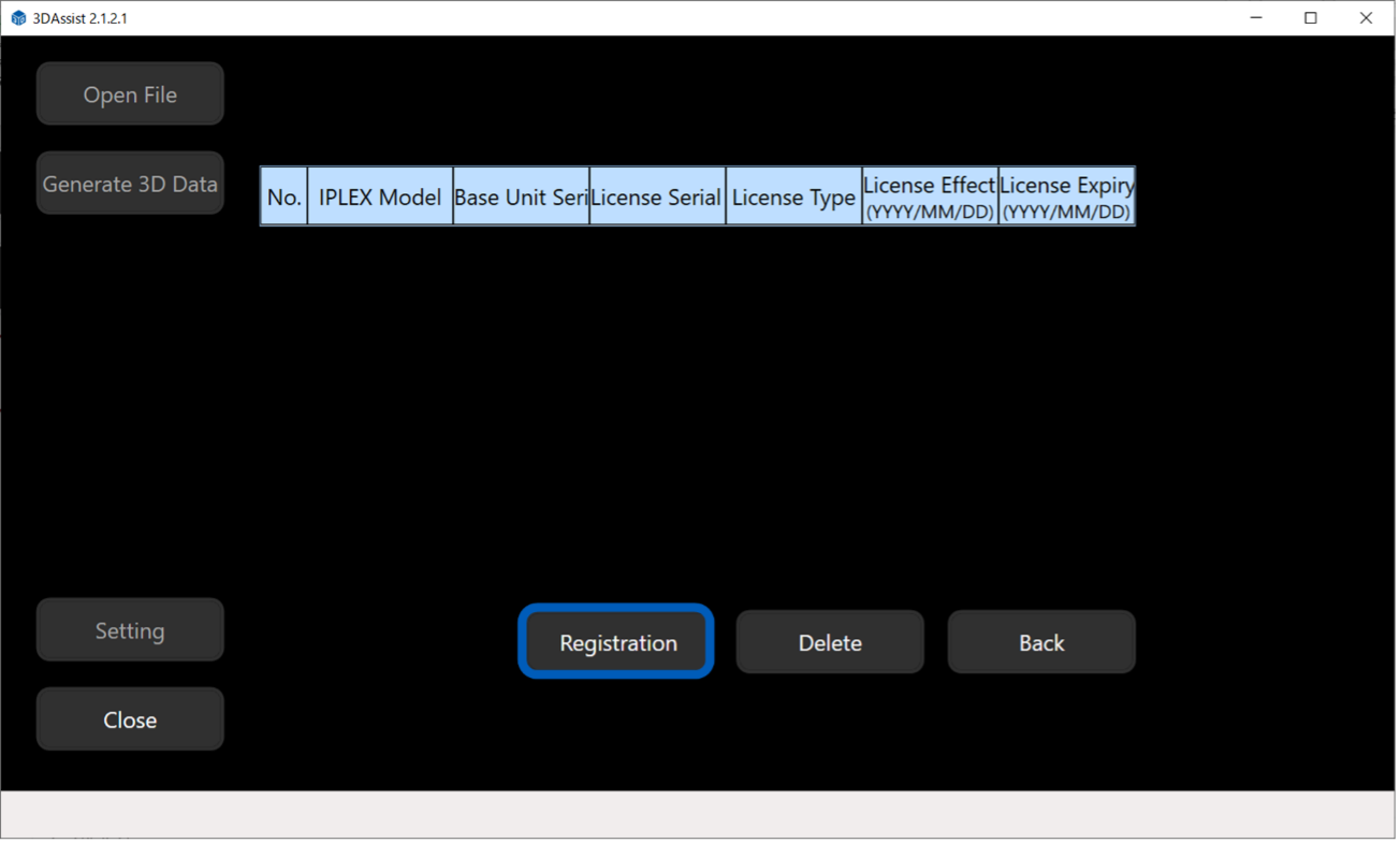 2. After startup, select [Setting] from the screen that appears, then select [License], and then [Registration].