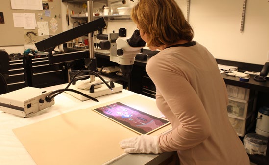 The Olympus SZ61 allows the extremely precise viewing and analysis of two-dimensional artwork as well as three-dimensional pieces. (Photo courtesy of The Walt Disney Family Museum. All Disney characters copyrighted by Disney.)