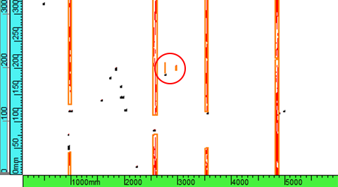 Detecção típica em um defeito em formato arredondado usando o algoritmo RTIS da Olympus 