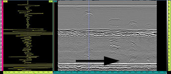 Typical “Perpendicular” Weld Scanning Setup and Data Collected. Data is side view of weld from scan start to scan finish down the weld. Position of encoder and scanning direction are highlighted.
