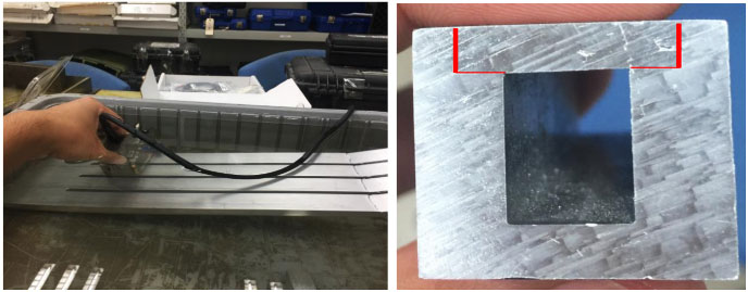 Alt tag: Olympus specialty friction stir weld 10L64-FSW phased array probe and SFSW-N45S-WHC wedge being used to scan a water cooling plate, or liquid cold plate 