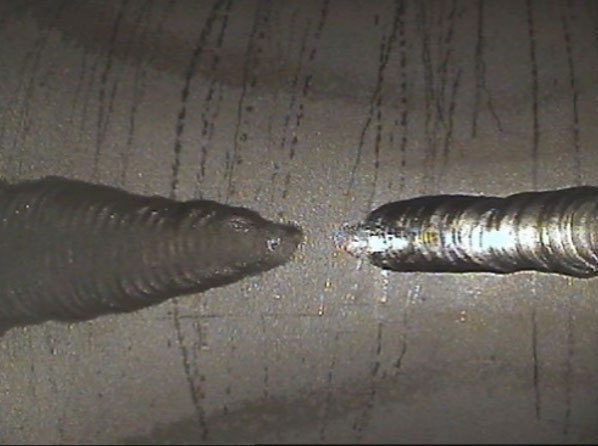 Image de l’intérieur d’un tuyau de traitement en acier inoxydable prise au vidéoscope IPLEX montrant une soudure présentant un manque de pénétration