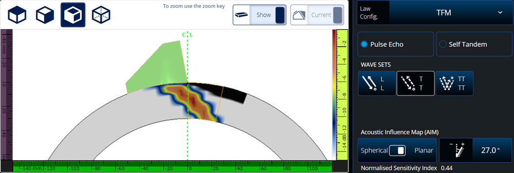 Example of an AIM simulation on a pipe wall using a probe and wedge and TT TFM wave set on a planar reflector