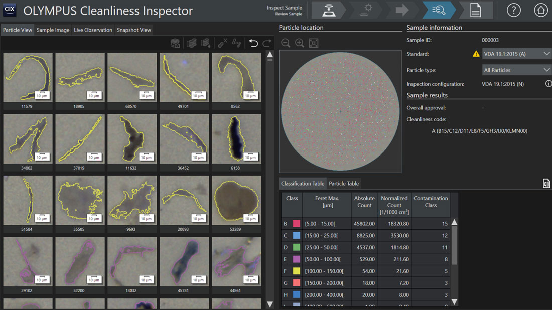 Galería de imágenes de partículas en un sistema de inspección de limpieza técnica