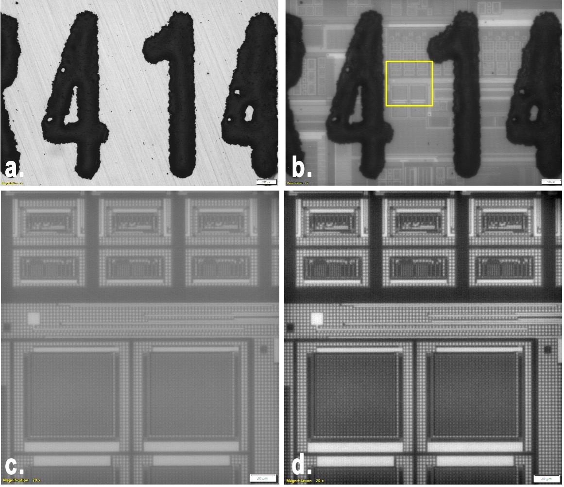 Snímky polovodičového čipu ve světlém poli a v IČ