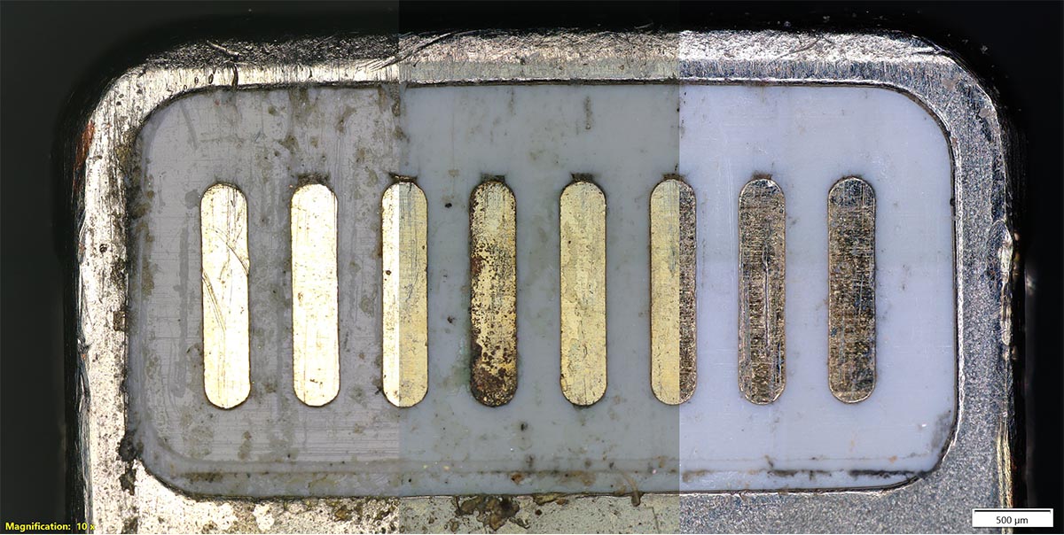 Immagine di un connettore del caricabatteria di iPhone con una sovraimpressione di diversi metodi di illuminazione nel microscopio digitale DSX1000.
