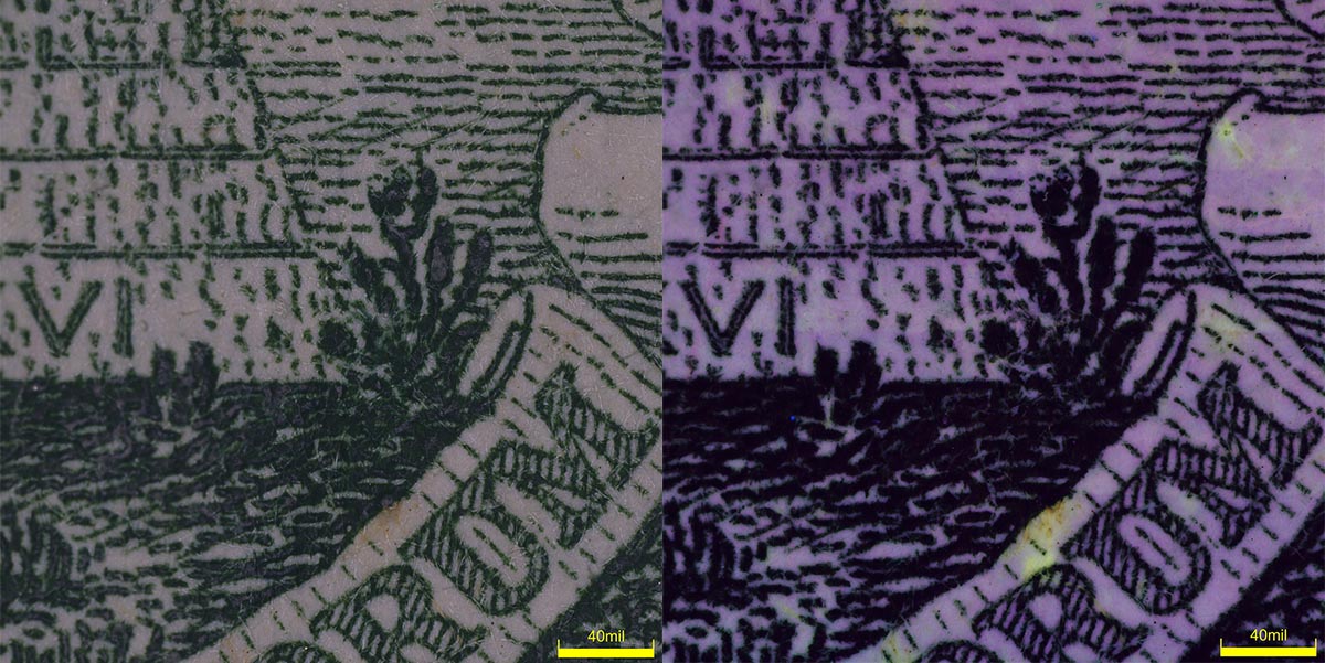 Images d’un billet d’un dollar américain obtenues par observation en fond clair (gauche) et en ultraviolet (UV) (droite) avec le microscope numérique DSX1000