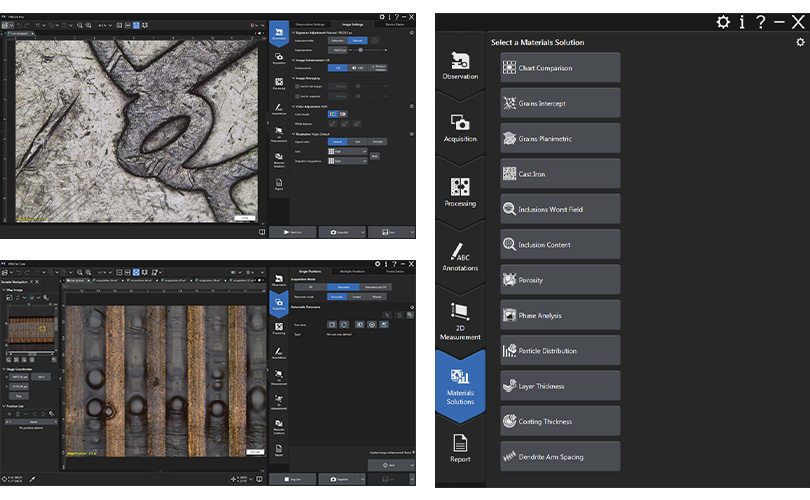 Série snímků obrazovky softwaru PRECiV zobrazující dostupné funkce.