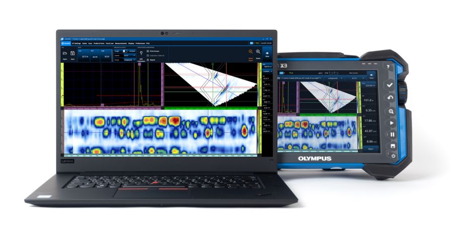 OmniScan X3 Phased-Array-Prüfgerät mit Laptop, auf dem die OmniPC Datenanalysesoftware Version 5 für zerstörungsfreie Prüfungen installiert ist