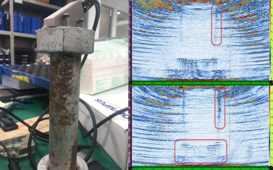  (image on let): Phased array probe used to perform total focusing method imaging of corrosion in a steel bolt. (images on right): Total focusing method (TFM) imaging of a high-strength bolt, showing the thread, surface, and corrosion signals