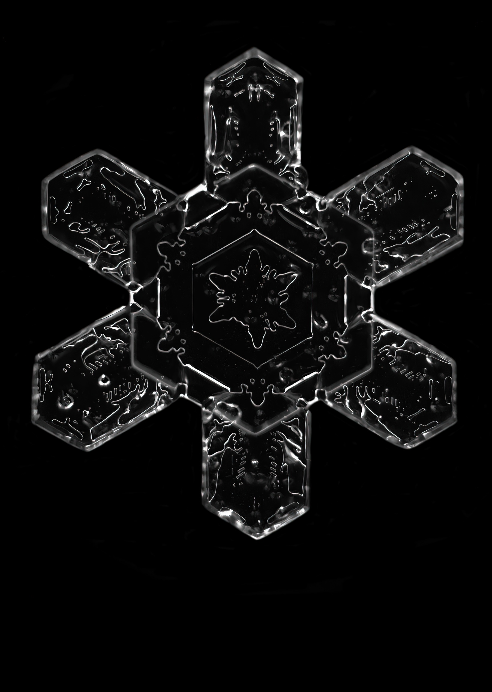 Krystal sněhové vločky zobrazený technikou osvětlení v tmavém poli